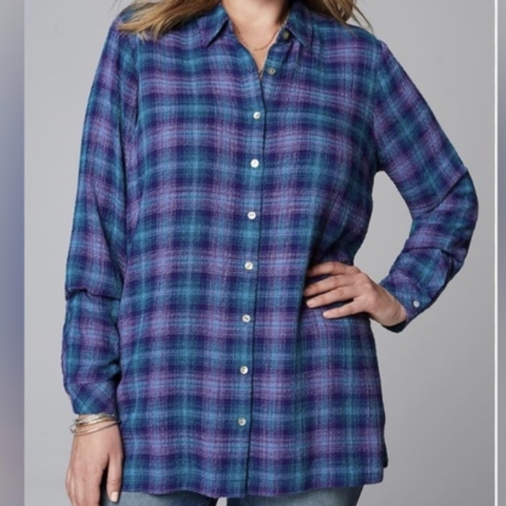 J. Jill Crinkled Plaid Button Front Tunic Size XL Blue Purple